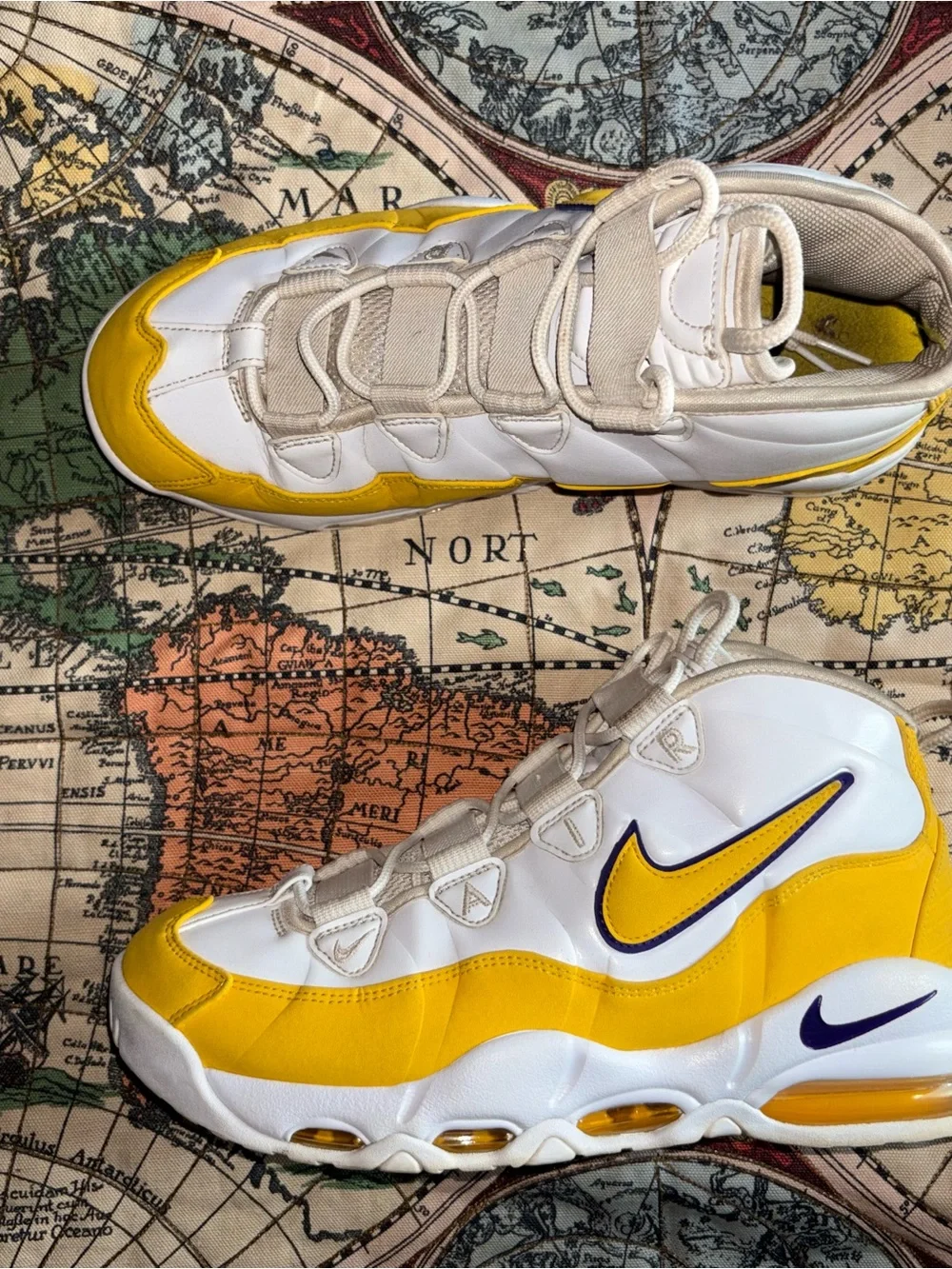 Nike White and Yellow High-Top Sneakers with Purple Swoosh